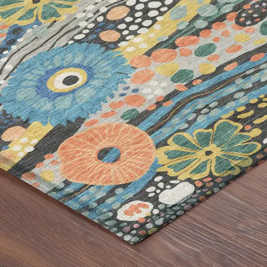 8' Granite Gray And Navy Blue Round Floral Washable Indoor Outdoor Area Rug Photo 5