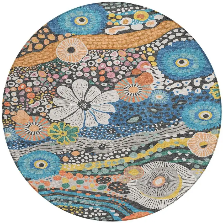 8' Granite Gray And Navy Blue Round Floral Washable Indoor Outdoor Area Rug Photo 3