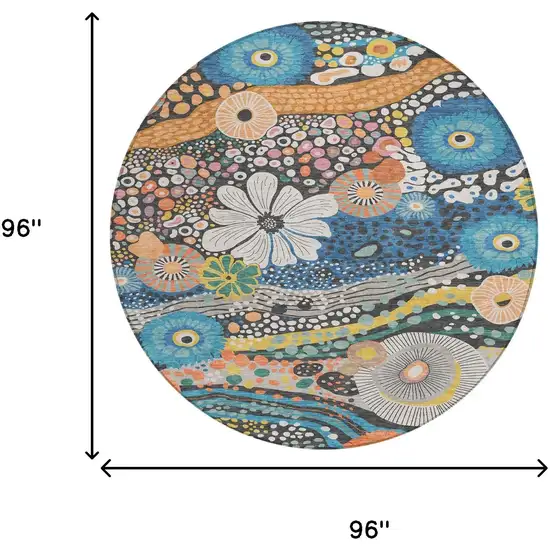 8' Granite Gray And Navy Blue Round Floral Washable Indoor Outdoor Area Rug Photo 7