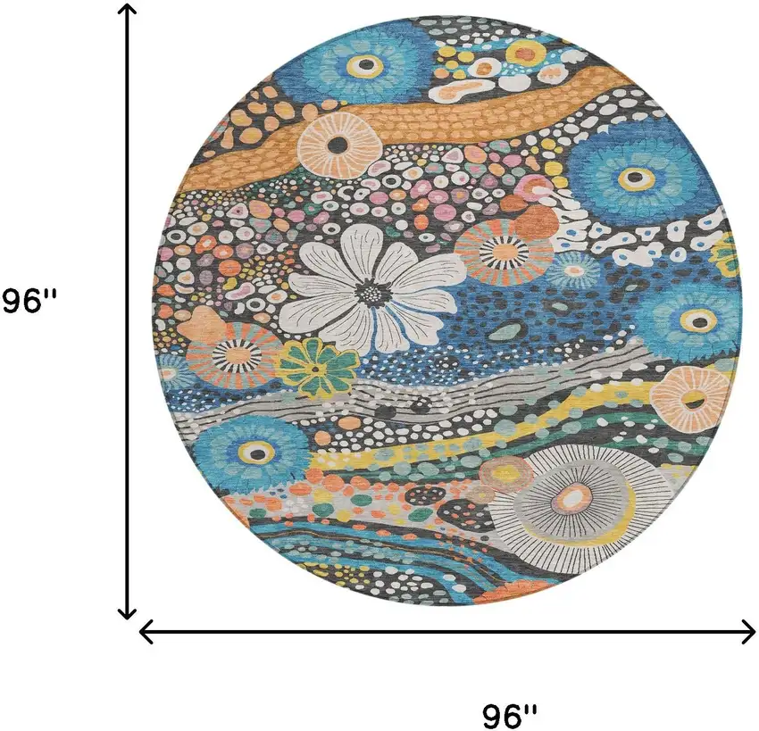 8' Granite Gray And Navy Blue Round Floral Washable Indoor Outdoor Area Rug Photo 7