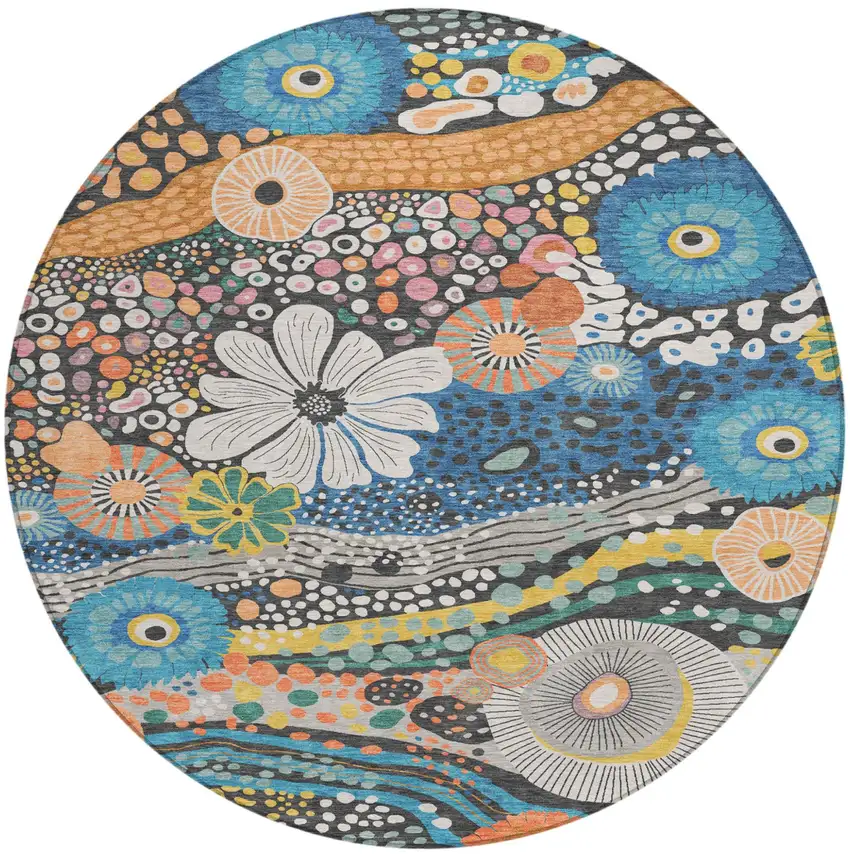 8' Granite Gray And Navy Blue Round Floral Washable Indoor Outdoor Area Rug Photo 2