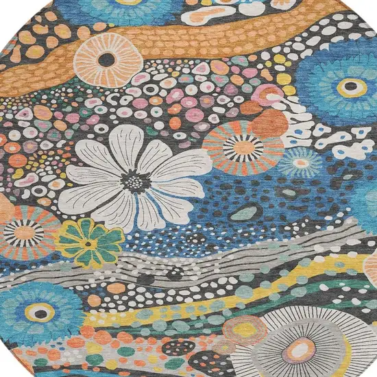 8' Granite Gray And Navy Blue Round Floral Washable Indoor Outdoor Area Rug Photo 4