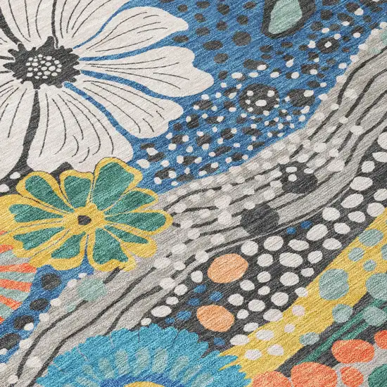 8' Granite Gray And Navy Blue Round Floral Washable Indoor Outdoor Area Rug Photo 6