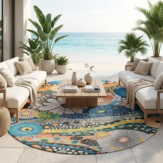 8' Granite Gray And Navy Blue Round Floral Washable Indoor Outdoor Area Rug Photo 1