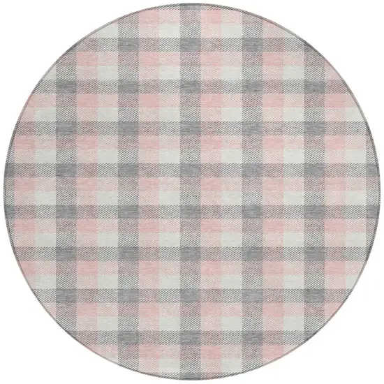 8' Granite Gray And Pink Round Plaid Washable Indoor Outdoor Area Rug Photo 7