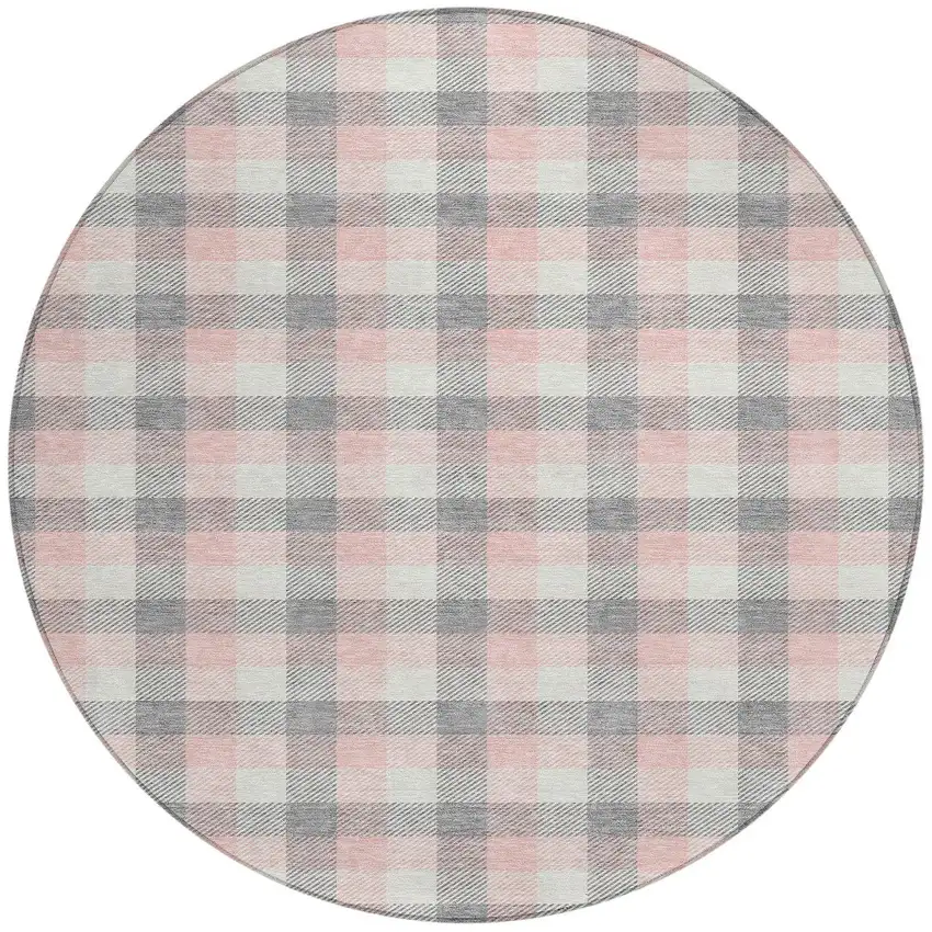 8' Granite Gray And Pink Round Plaid Washable Indoor Outdoor Area Rug Photo 7