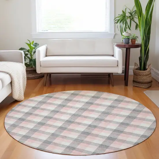 8' Granite Gray And Pink Round Plaid Washable Indoor Outdoor Area Rug Photo 9