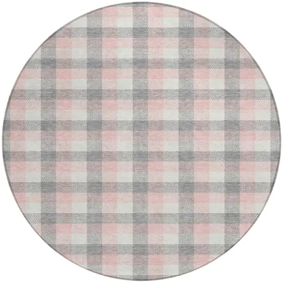 8' Granite Gray And Pink Round Plaid Washable Indoor Outdoor Area Rug Photo 2