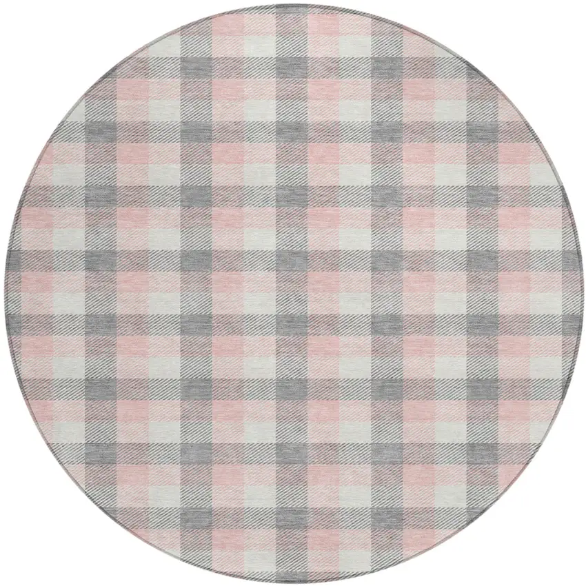 8' Granite Gray And Pink Round Plaid Washable Indoor Outdoor Area Rug Photo 2