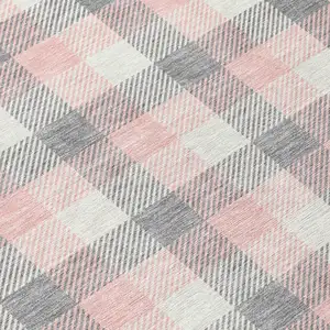Photo of 8' Granite Gray And Pink Round Plaid Washable Indoor Outdoor Area Rug