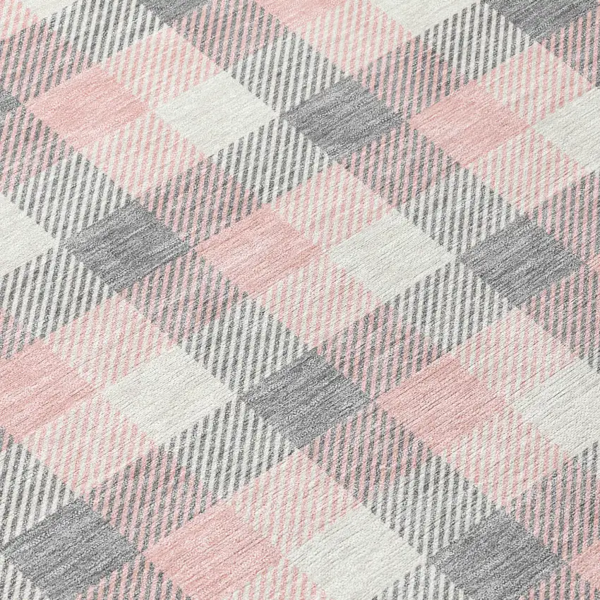 8' Granite Gray And Pink Round Plaid Washable Indoor Outdoor Area Rug Photo 5