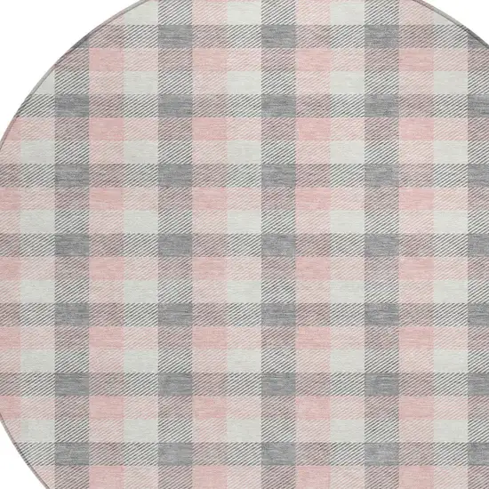 8' Granite Gray And Pink Round Plaid Washable Indoor Outdoor Area Rug Photo 6