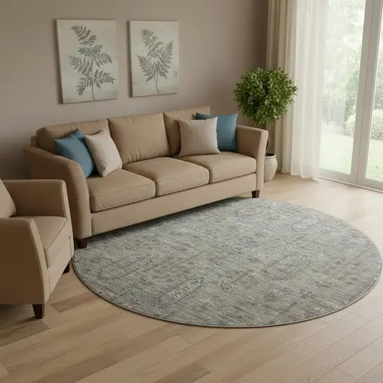 8' Granite Gray And Silver Southwestern Washable Round Rug With UV Protection Photo 1