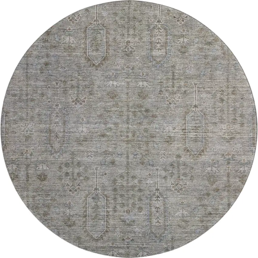 8' Granite Gray And Silver Southwestern Washable Round Rug With UV Protection Photo 1