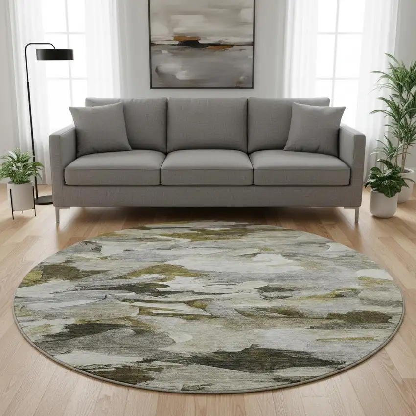 8' Granite Gray Beige And Gold Abstract Washable Round Rug With UV Protection Photo 2