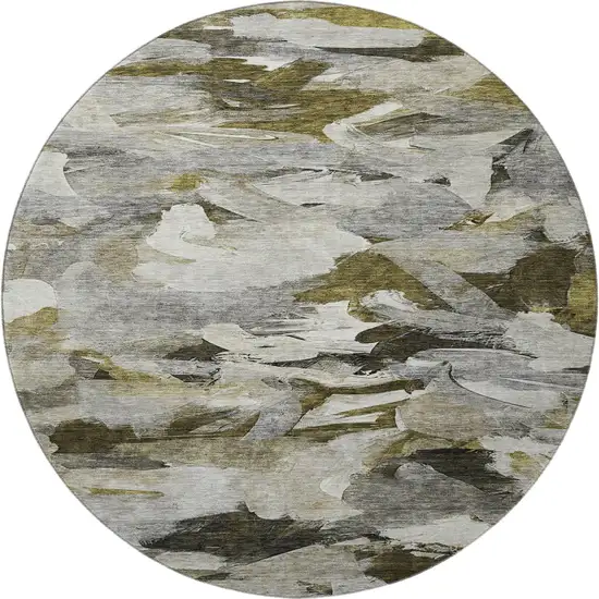 8' Granite Gray Beige And Gold Abstract Washable Round Rug With UV Protection Photo 3