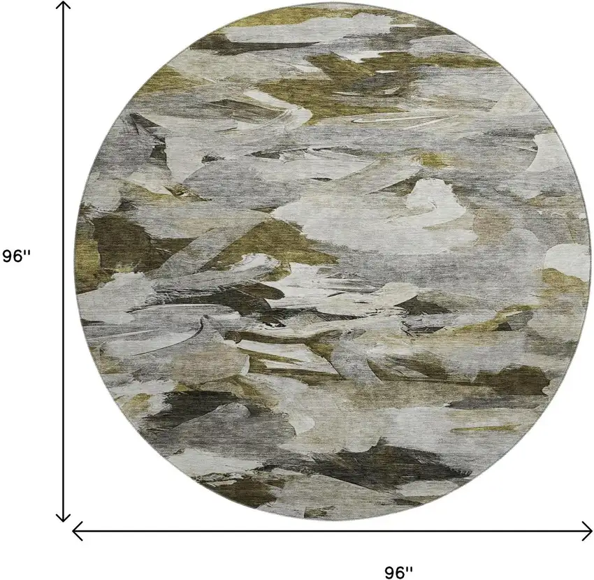 8' Granite Gray Beige And Gold Abstract Washable Round Rug With UV Protection Photo 9