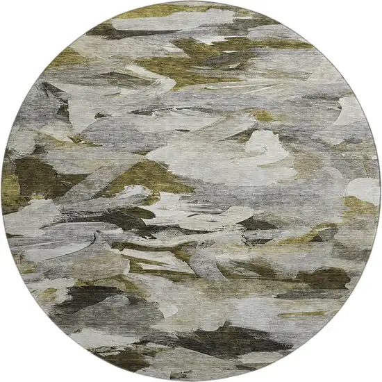 8' Granite Gray Beige And Gold Abstract Washable Round Rug With UV Protection Photo 1