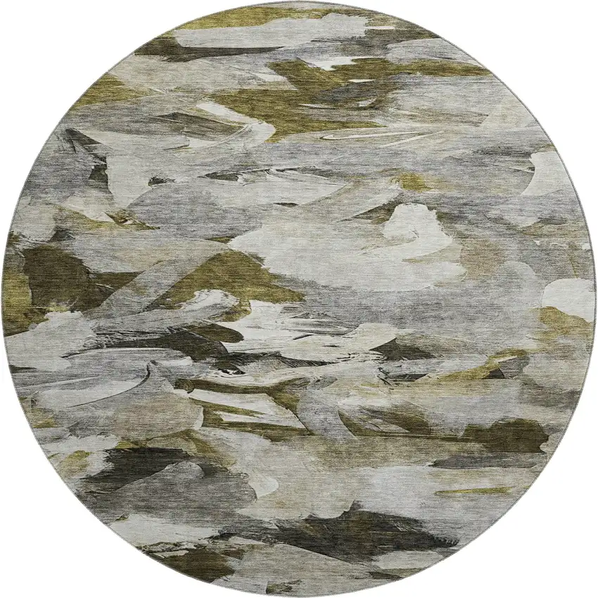 8' Granite Gray Beige And Gold Abstract Washable Round Rug With UV Protection Photo 1