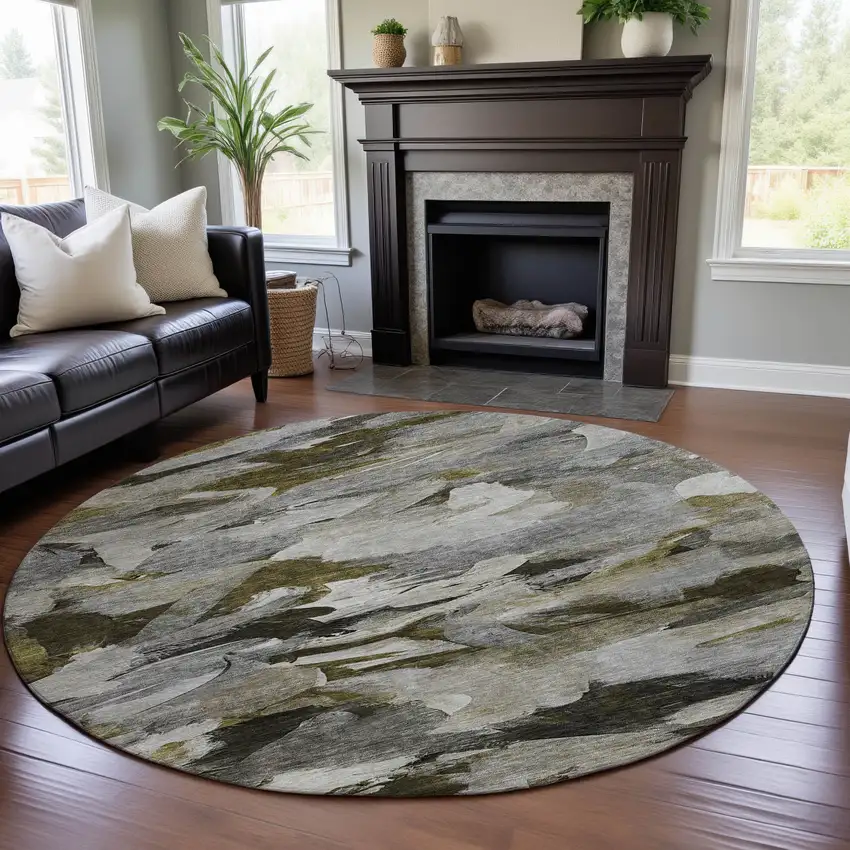 8' Granite Gray Beige And Gold Abstract Washable Round Rug With UV Protection Photo 4