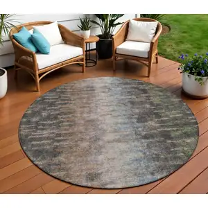 Photo of 8' Granite Gray Brown And Gray Round Abstract Washable Indoor Outdoor Area Rug