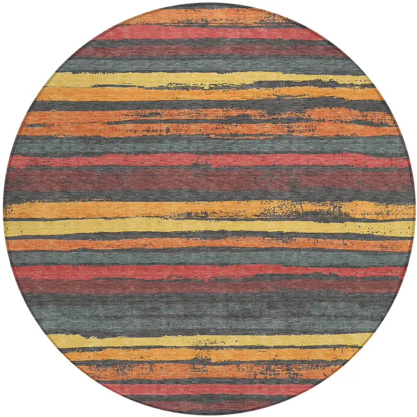 8' Granite Gray Copper And Yellow Round Striped Washable Indoor Outdoor Area Rug Photo 1