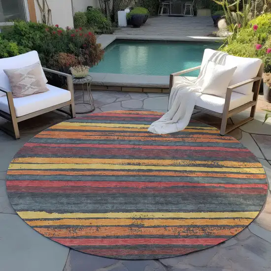 8' Granite Gray Copper And Yellow Round Striped Washable Indoor Outdoor Area Rug Photo 4