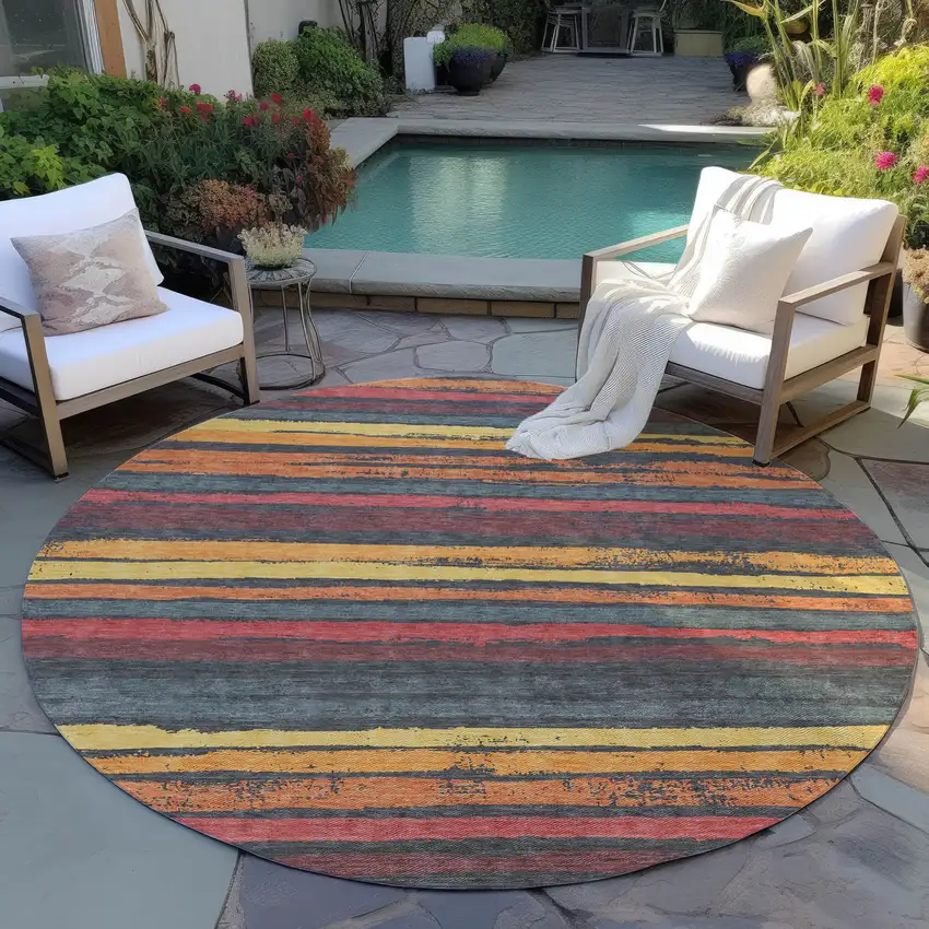 8' Granite Gray Copper And Yellow Round Striped Washable Indoor Outdoor Area Rug Photo 4