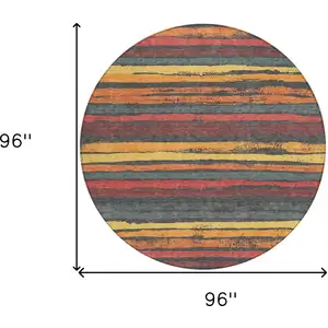 Photo of 8' Granite Gray Copper And Yellow Round Striped Washable Indoor Outdoor Area Rug