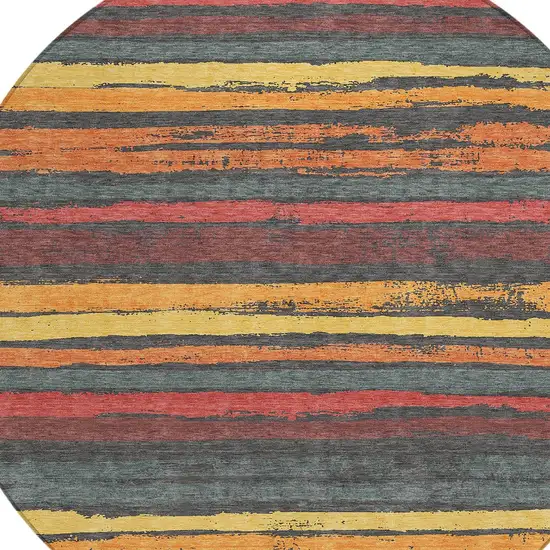 8' Granite Gray Copper And Yellow Round Striped Washable Indoor Outdoor Area Rug Photo 2