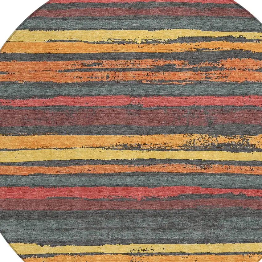 8' Granite Gray Copper And Yellow Round Striped Washable Indoor Outdoor Area Rug Photo 2