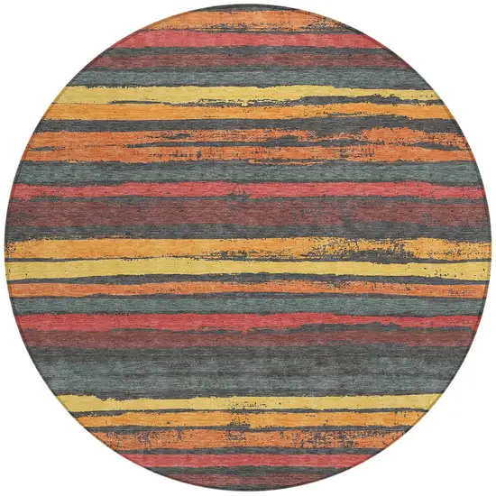 8' Granite Gray Copper And Yellow Round Striped Washable Indoor Outdoor Area Rug Photo 3