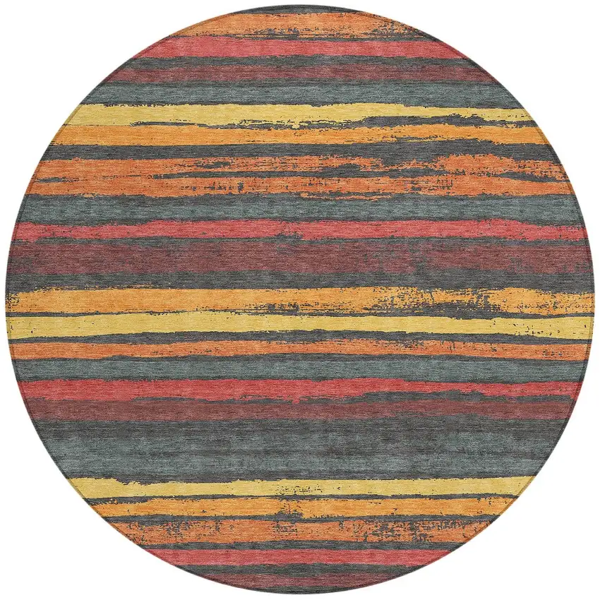 8' Granite Gray Copper And Yellow Round Striped Washable Indoor Outdoor Area Rug Photo 3