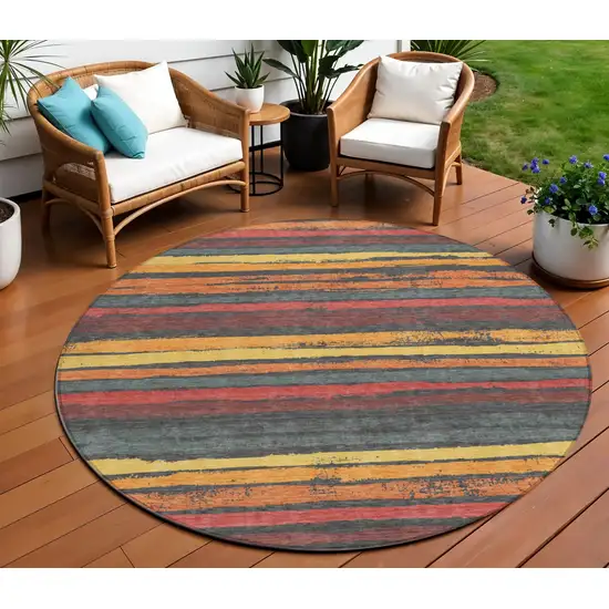 8' Granite Gray Copper And Yellow Round Striped Washable Indoor Outdoor Area Rug Photo 8