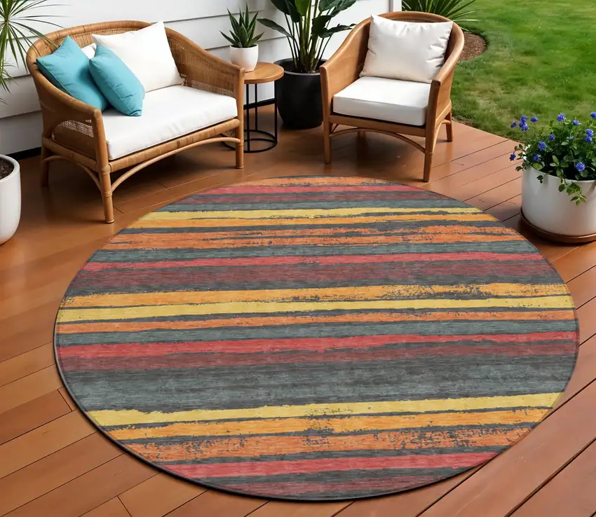 8' Granite Gray Copper And Yellow Round Striped Washable Indoor Outdoor Area Rug Photo 8