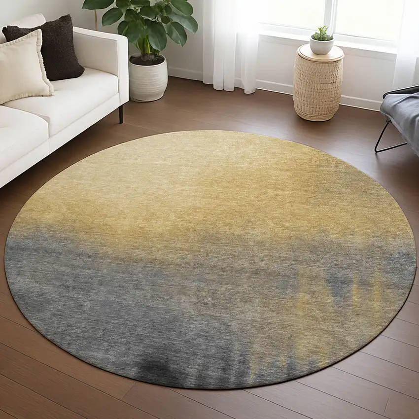 8' Granite Gray Gold And Gray Round Abstract Washable Indoor Outdoor Area Rug Photo 4