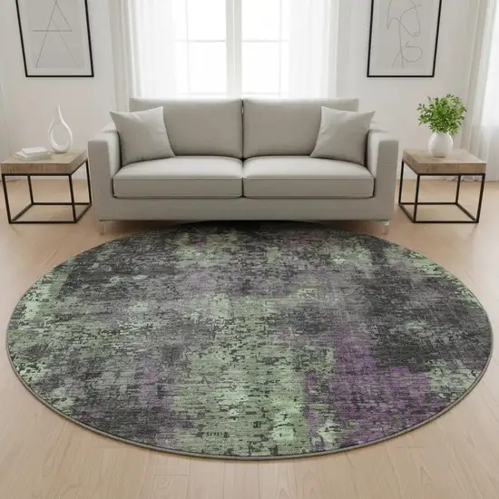 8' Granite Gray Green And Purple Abstract Washable Round Rug With UV Protection Photo 2
