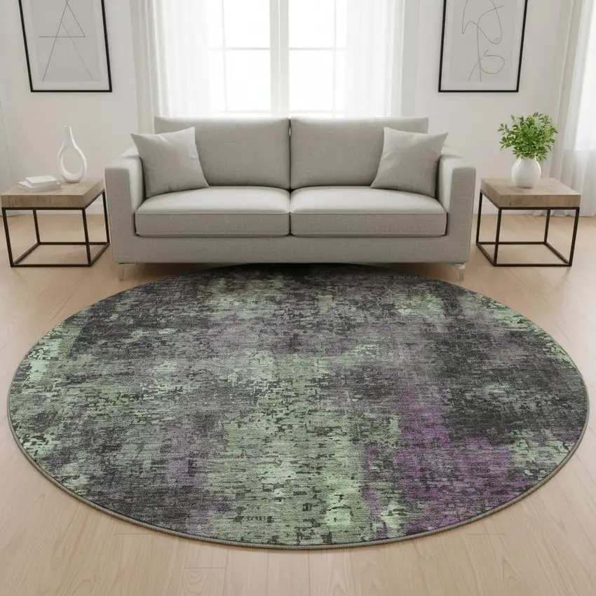 8' Granite Gray Green And Purple Abstract Washable Round Rug With UV Protection Photo 2