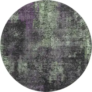 Photo of 8' Granite Gray Green And Purple Abstract Washable Round Rug With UV Protection