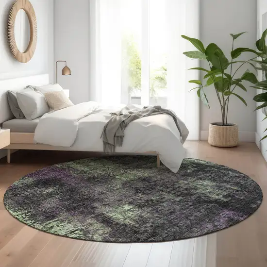 8' Granite Gray Green And Purple Abstract Washable Round Rug With UV Protection Photo 5