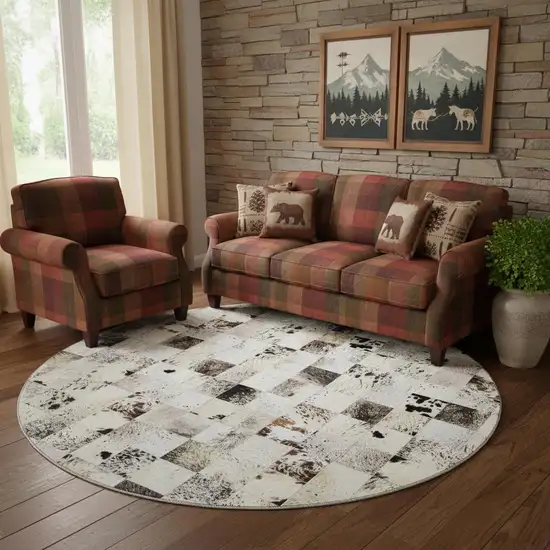 8' Granite Gray Ivory And Black Patchwork Washable Round Rug With UV Protection Photo 1