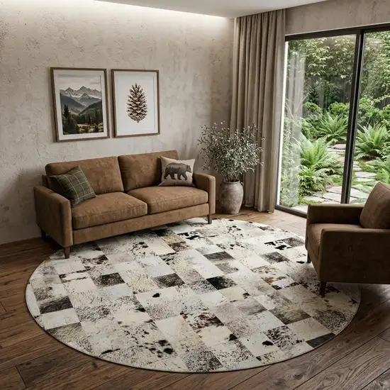 8' Granite Gray Ivory And Black Patchwork Washable Round Rug With UV Protection Photo 1