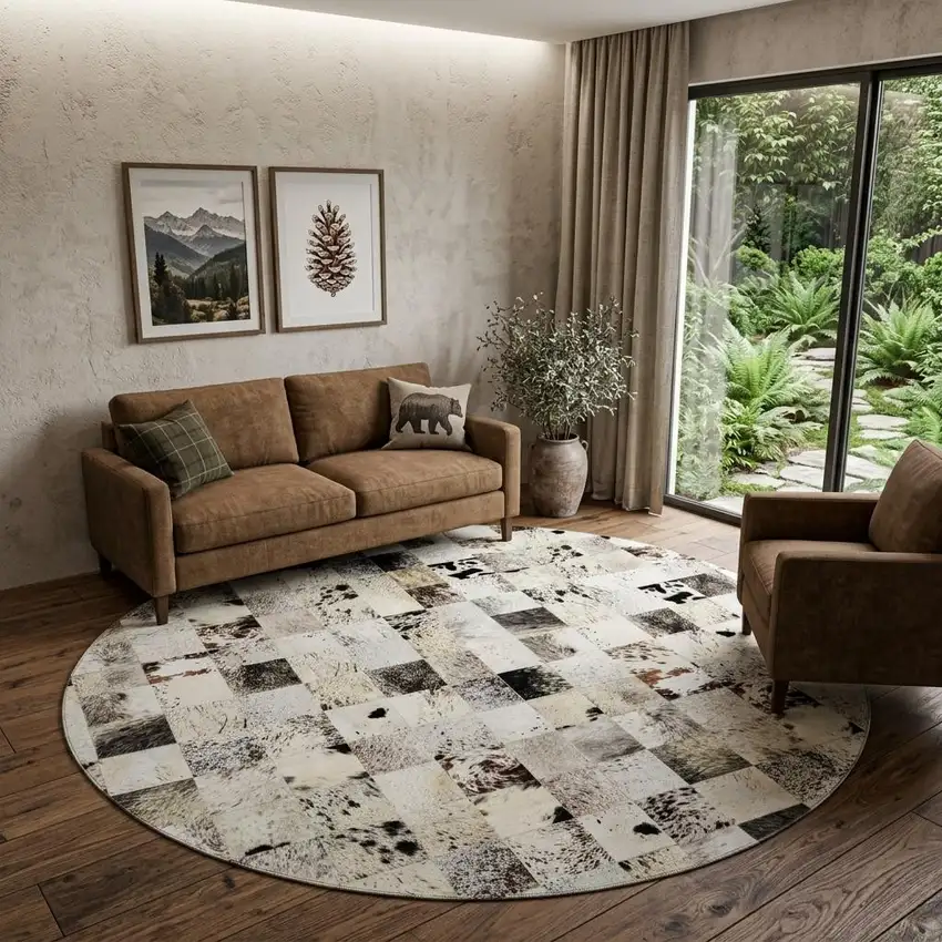 8' Granite Gray Ivory And Black Patchwork Washable Round Rug With UV Protection Photo 1