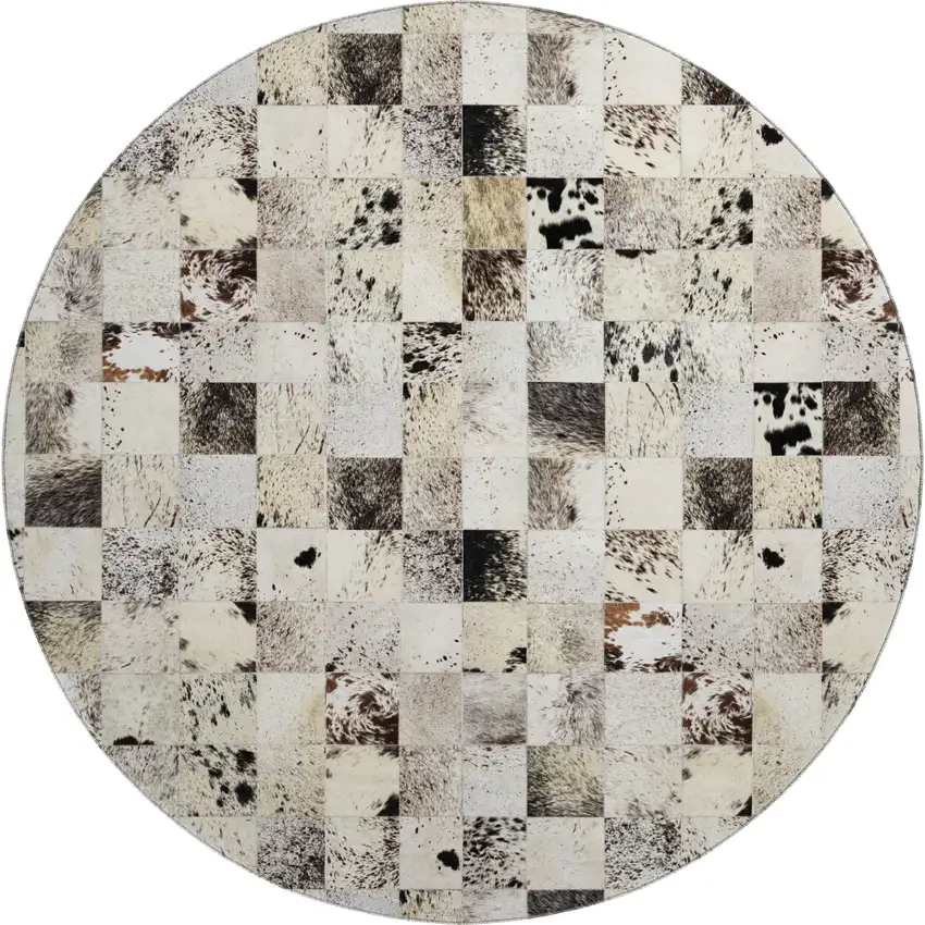 8' Granite Gray Ivory And Black Patchwork Washable Round Rug With UV Protection Photo 2
