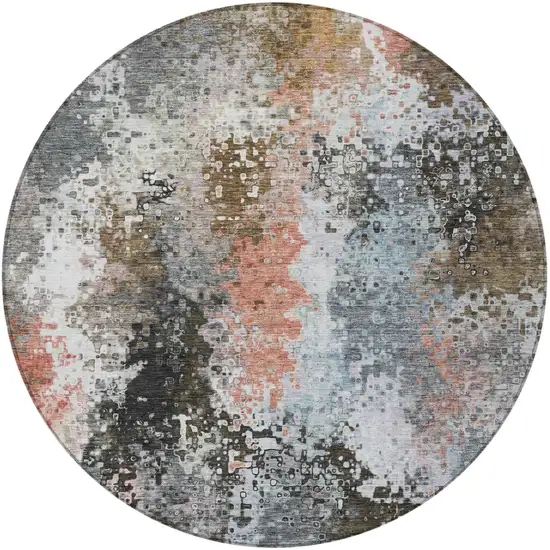 8' Granite Gray Ivory And Coral Round Abstract Washable Indoor Outdoor Area Rug Photo 5