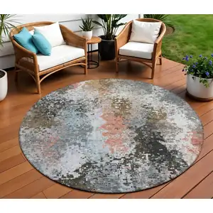 Photo of 8' Granite Gray Ivory And Coral Round Abstract Washable Indoor Outdoor Area Rug