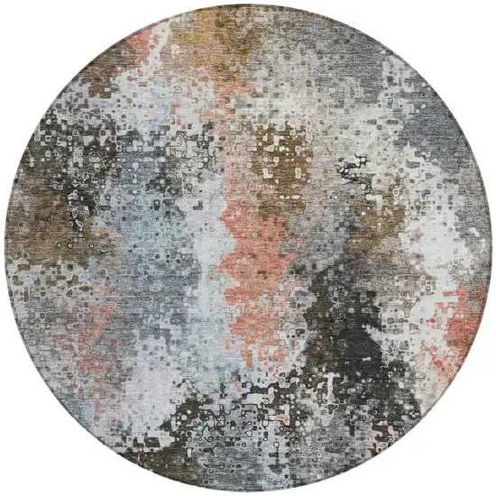 8' Granite Gray Ivory And Coral Round Abstract Washable Indoor Outdoor Area Rug Photo 4