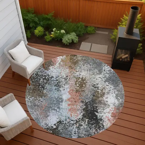 8' Granite Gray Ivory And Coral Round Abstract Washable Indoor Outdoor Area Rug Photo 8