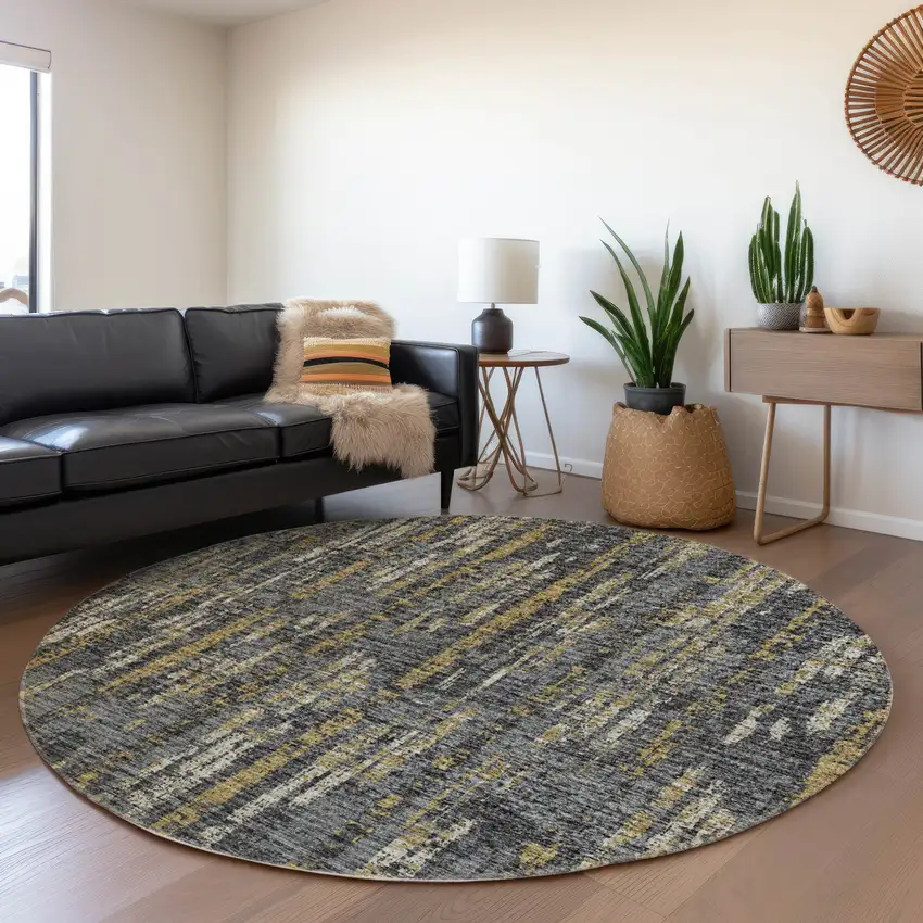 8' Granite Gray Ivory And Gold Round Abstract Washable Indoor Outdoor Area Rug Photo 7
