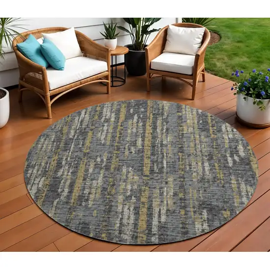 8' Granite Gray Ivory And Gold Round Abstract Washable Indoor Outdoor Area Rug Photo 1
